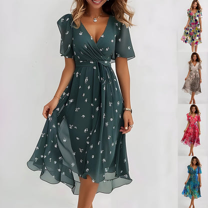 Emilia | Elegantes Midi-Kleid mit neutralem Blumenmuster