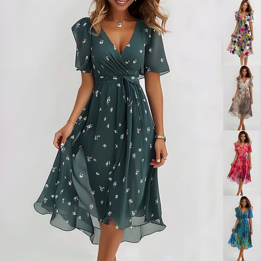 Emilia | Elegantes Midi-Kleid mit neutralem Blumenmuster