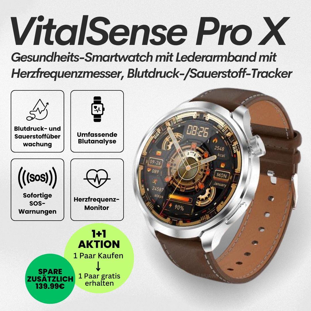 VitalSense Pro X - Gesundheits-Smartwatch Lederarmband.