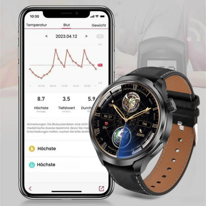 VitalSense Pro X - Gesundheits-Smartwatch Lederarmband.