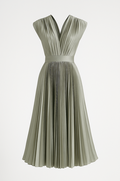 Amora | Damen Elegantes Plissee-Midikleid mit V-Ausschnitt