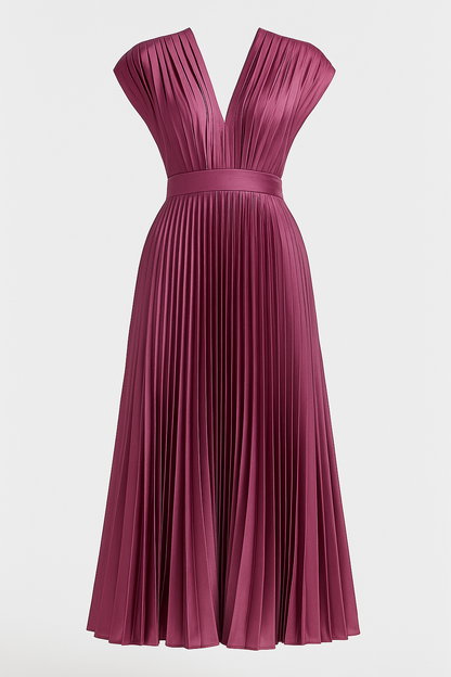 Amora | Damen Elegantes Plissee-Midikleid mit V-Ausschnitt