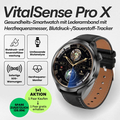 VitalSense Pro X - Gesundheits-Smartwatch Lederarmband.