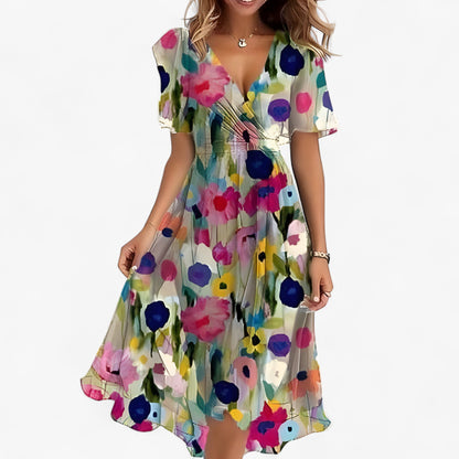 Emilia | Elegantes Midi-Kleid mit neutralem Blumenmuster