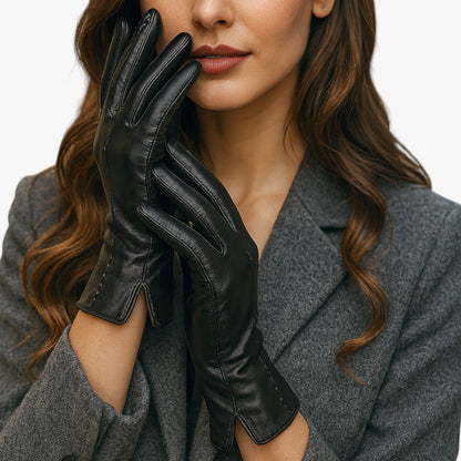 Leah | Damen Winterhandschuhe aus PU-Leder mit Touchscreen-Funktion & Windschutz