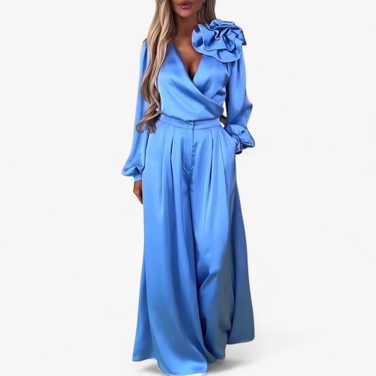 Leona | Damen Twin Set Polyester mit V-Ausschnitt und Weiten Hosen