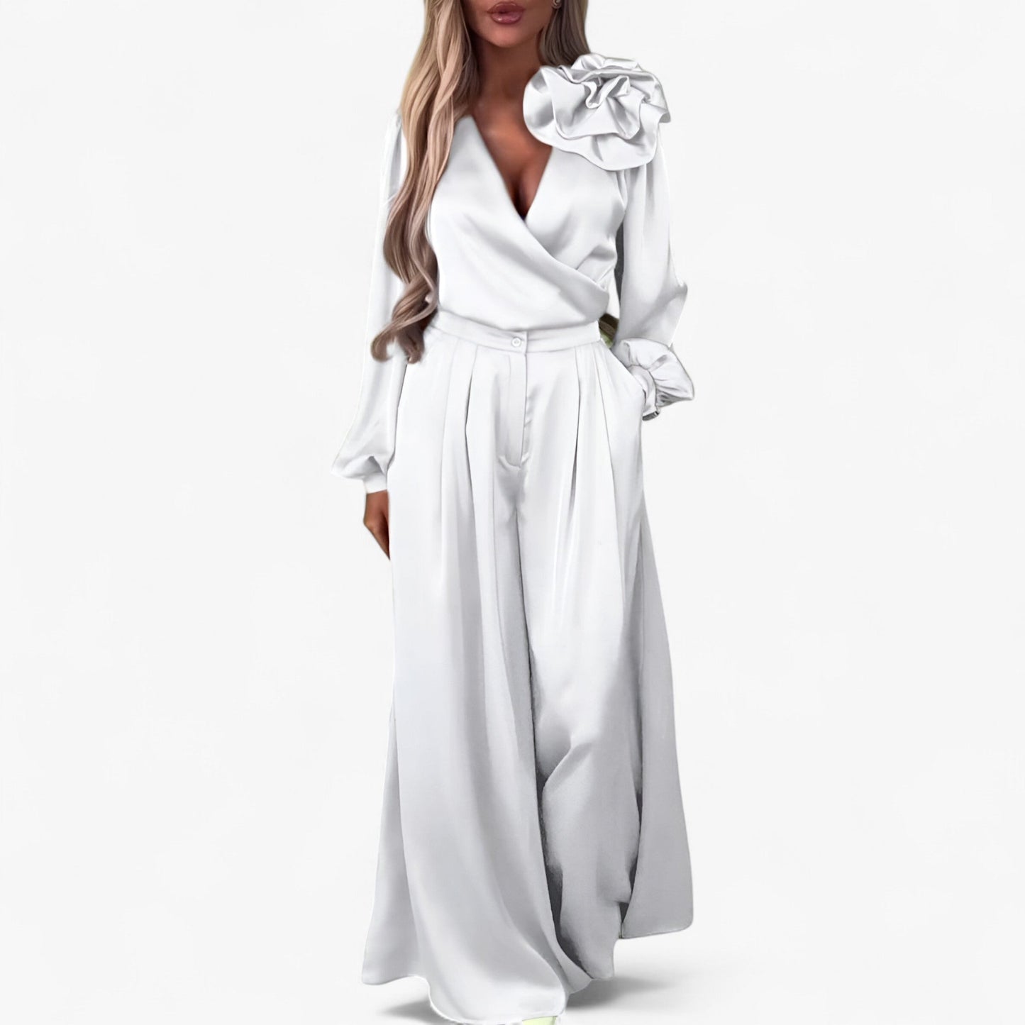 Leona | Damen Twin Set Polyester mit V-Ausschnitt und Weiten Hosen