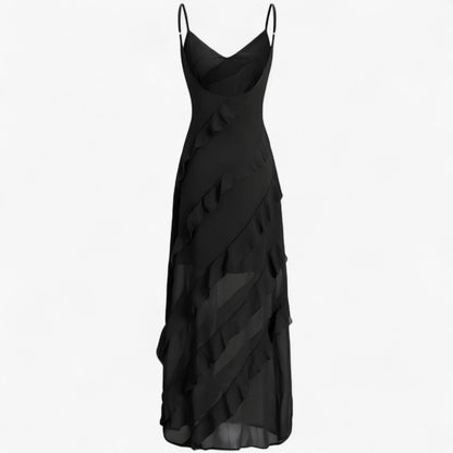 Grace | Langkleid mit dünnen Trägern und schichtigem Volant