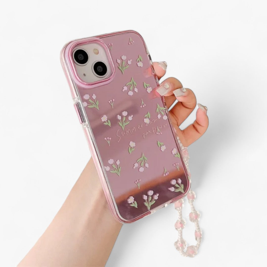 Luxuriöses Rosa | Spiegelblumen-iPhone-Hülle - Hübsche Perlenkette