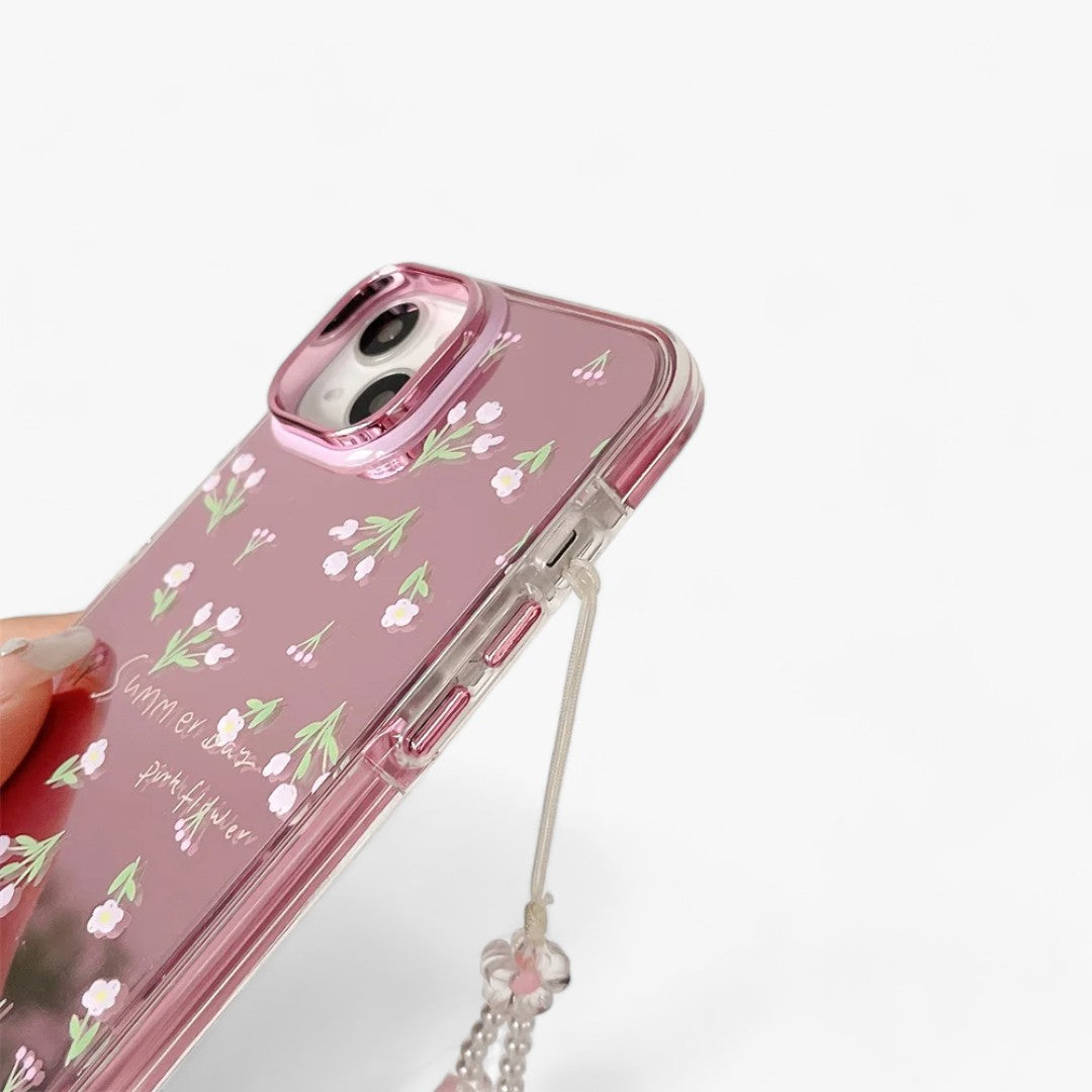 Luxuriöses Rosa | Spiegelblumen-iPhone-Hülle - Hübsche Perlenkette