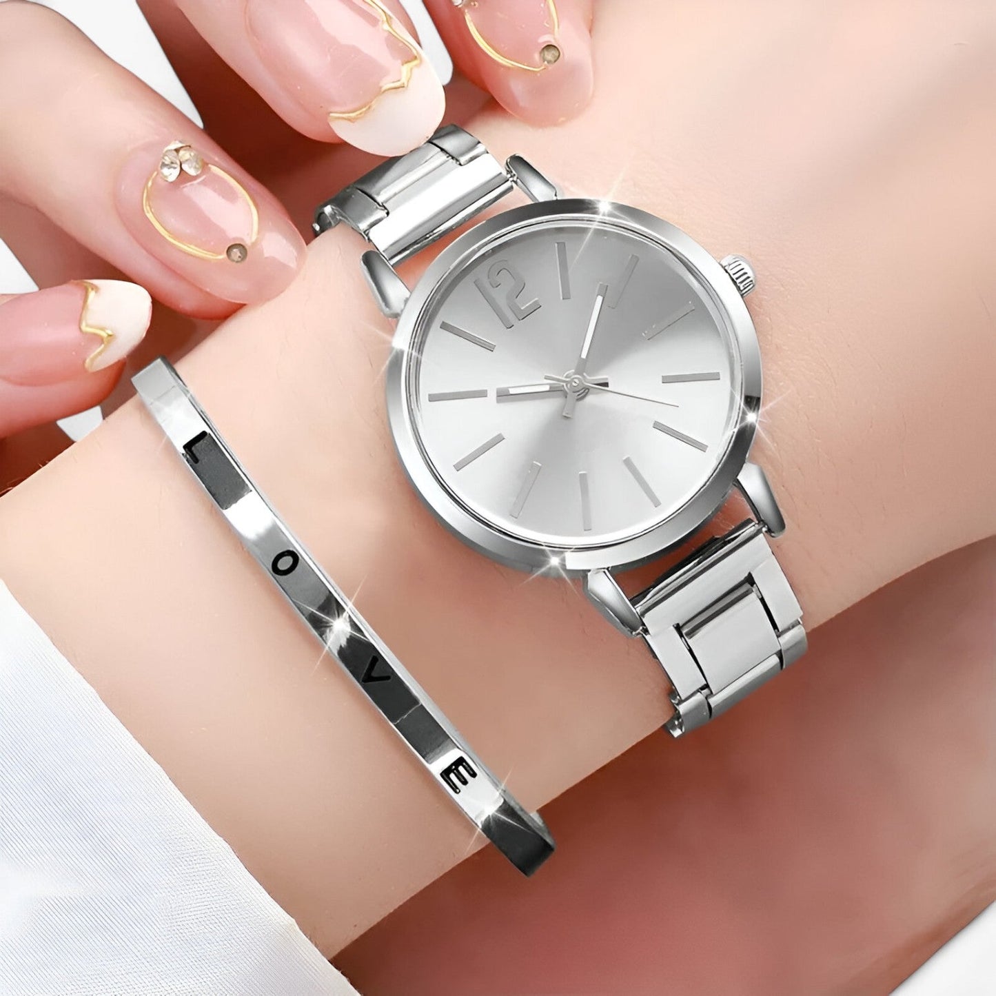 Lorena | Elegante Damenuhr-Set – Stiletto Edelstahl & Armband