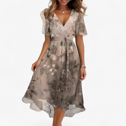 Emilia | Elegantes Midi-Kleid mit neutralem Blumenmuster