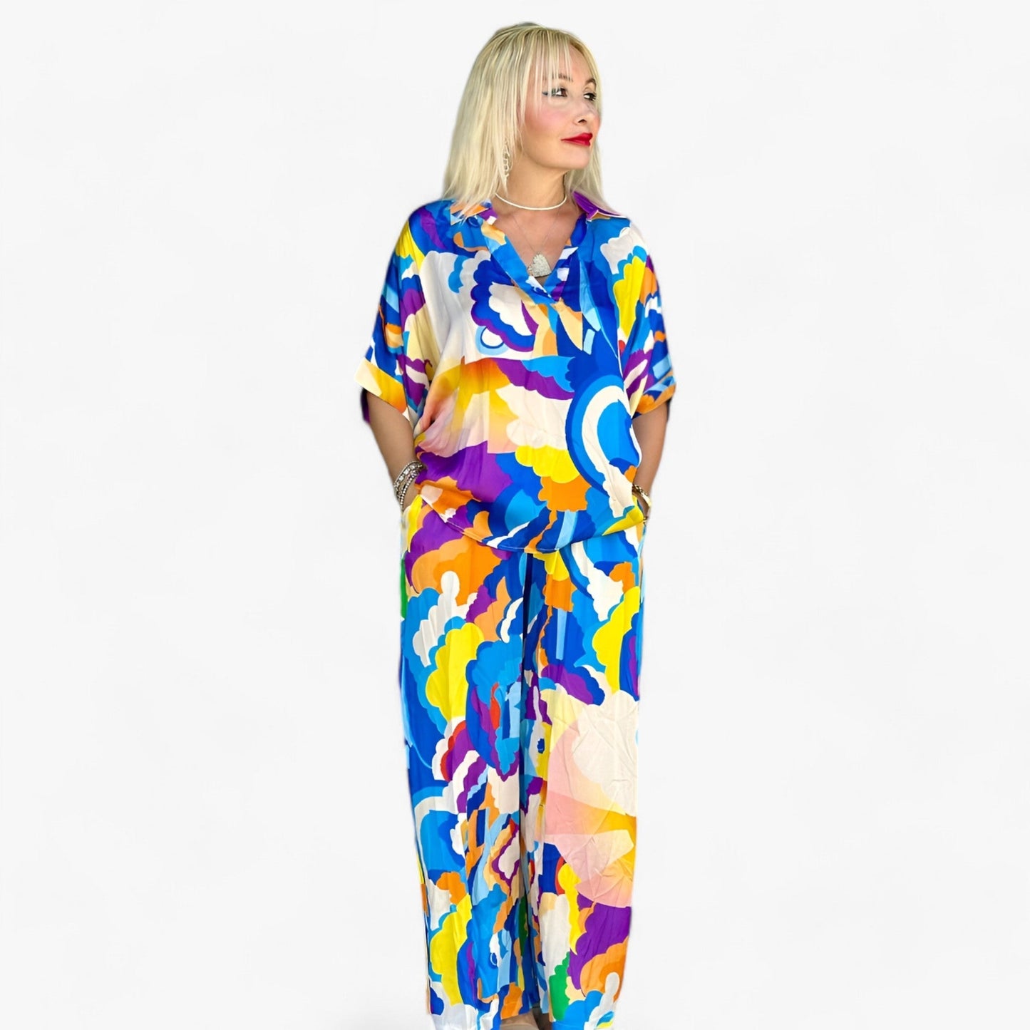 Damen Bunter Bedruckter V-Ausschnitt Anzug - Mutiger Stil & Komfort
