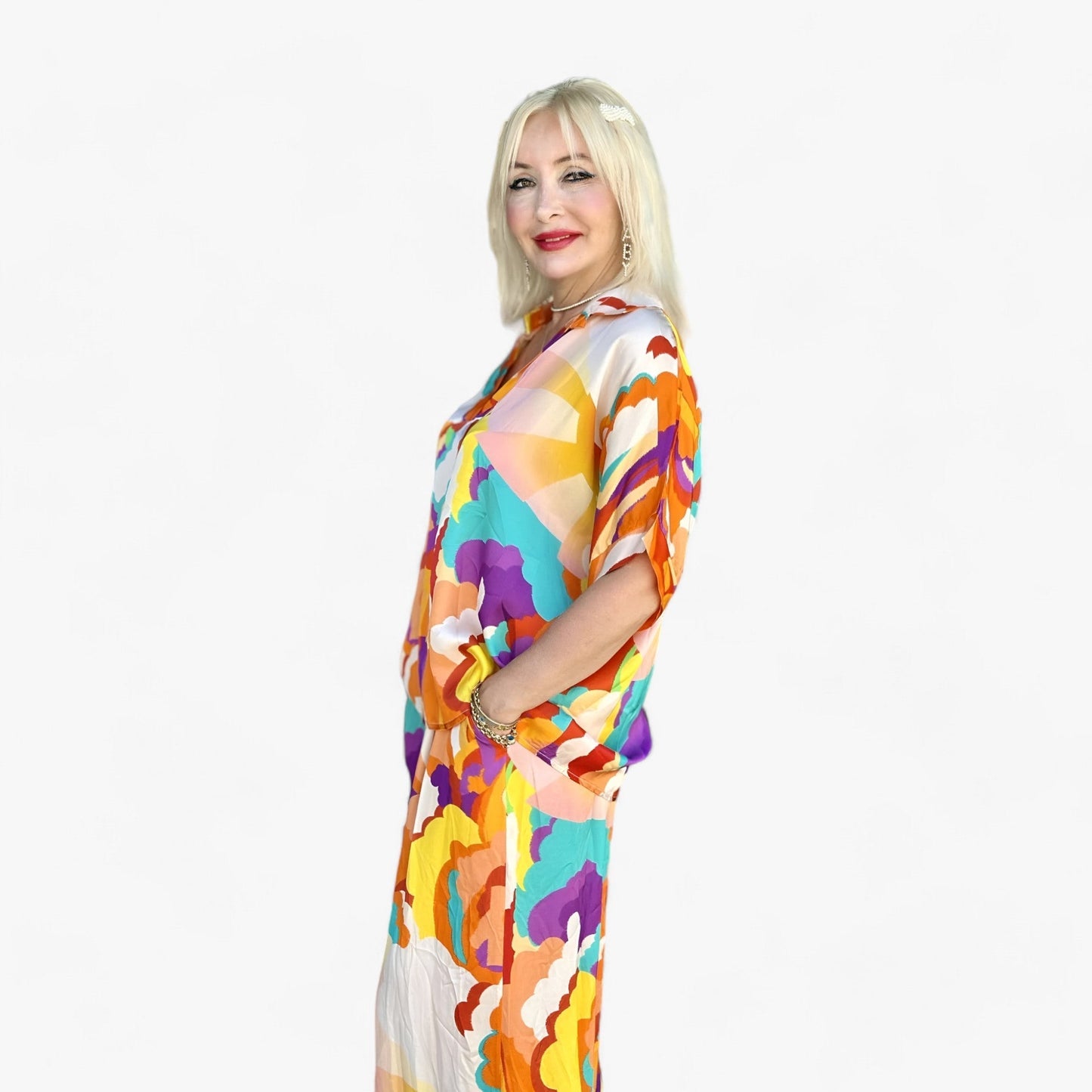 Damen Bunter Bedruckter V-Ausschnitt Anzug - Mutiger Stil & Komfort