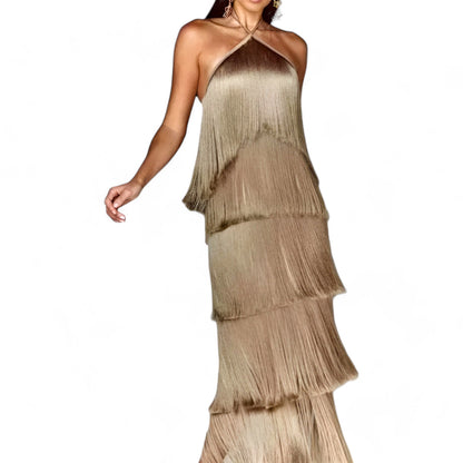 Serena | Ärmelloses Halterneck-Kleid – Glamouröse Fransen-Details
