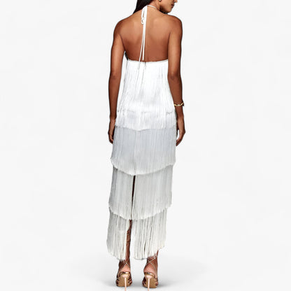Serena | Ärmelloses Halterneck-Kleid – Glamouröse Fransen-Details